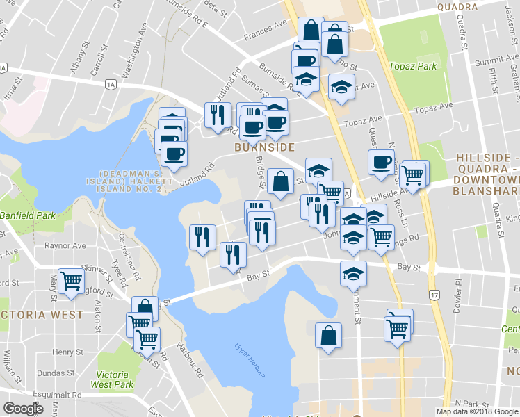 map of restaurants, bars, coffee shops, grocery stores, and more near 506 David Street in Victoria