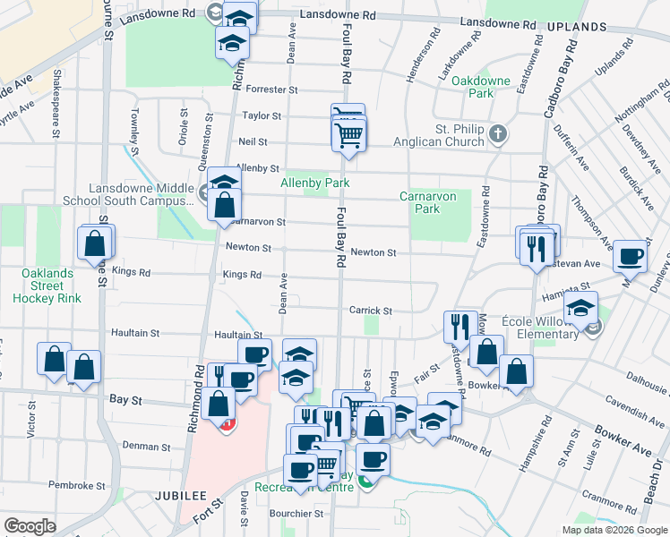 map of restaurants, bars, coffee shops, grocery stores, and more near 2720 Foul Bay Road in Victoria