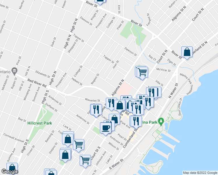 map of restaurants, bars, coffee shops, grocery stores, and more near 317 Van Norman Street in Thunder Bay