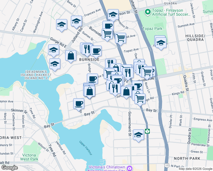 map of restaurants, bars, coffee shops, grocery stores, and more near 2716 Rock Bay Avenue in Victoria