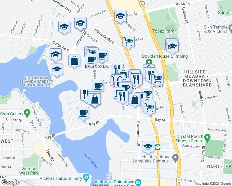 map of restaurants, bars, coffee shops, grocery stores, and more near 2716 Rock Bay Avenue in Victoria