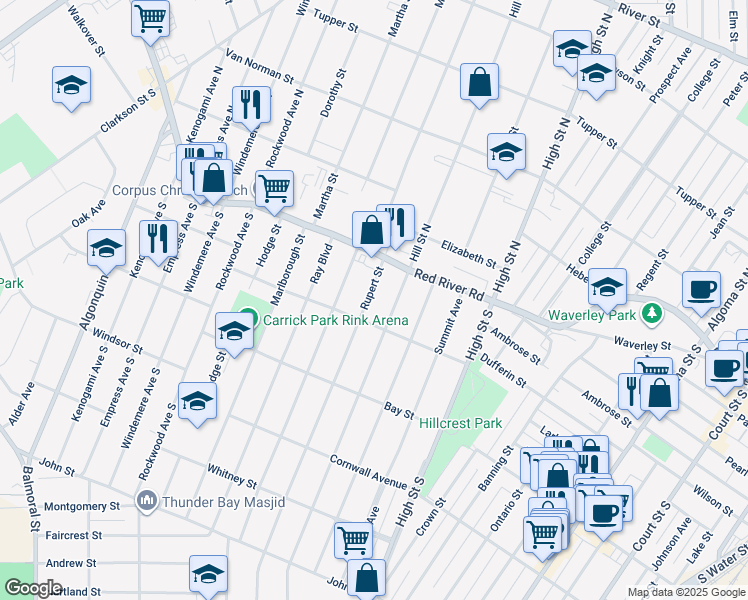 map of restaurants, bars, coffee shops, grocery stores, and more near 31 Rupert Street in Thunder Bay