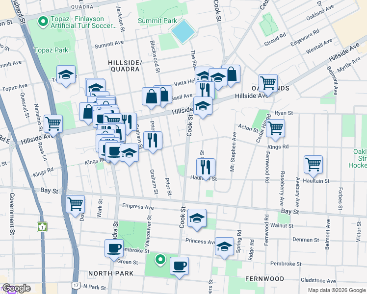 map of restaurants, bars, coffee shops, grocery stores, and more near 2598 Cook Street in Victoria