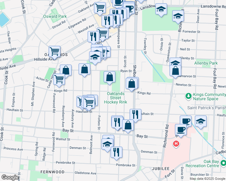 map of restaurants, bars, coffee shops, grocery stores, and more near 1500 Kings Road in Victoria
