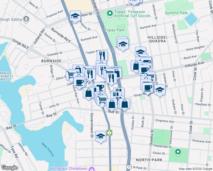 map of restaurants, bars, coffee shops, grocery stores, and more near 2680 Blanshard Street in Victoria