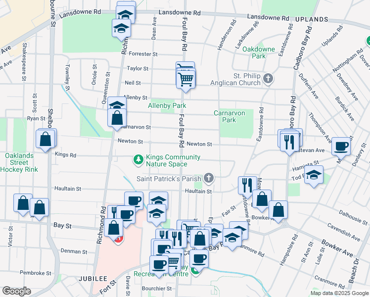 map of restaurants, bars, coffee shops, grocery stores, and more near 2723 Foul Bay Road in Victoria
