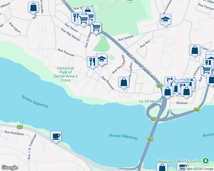 map of restaurants, bars, coffee shops, grocery stores, and more near 2519 Rue Roussel in Saguenay