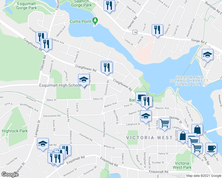 map of restaurants, bars, coffee shops, grocery stores, and more near 755 Connaught Road in Victoria