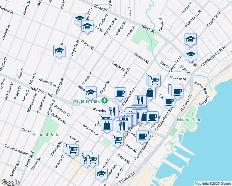 map of restaurants, bars, coffee shops, grocery stores, and more near 317 Van Norman Street in Thunder Bay
