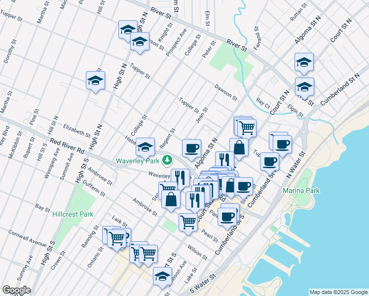 map of restaurants, bars, coffee shops, grocery stores, and more near 331 Van Norman Street in Thunder Bay