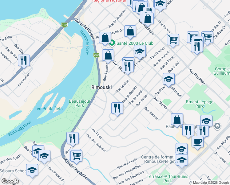 map of restaurants, bars, coffee shops, grocery stores, and more near 348 Rue Ouellet in Rimouski