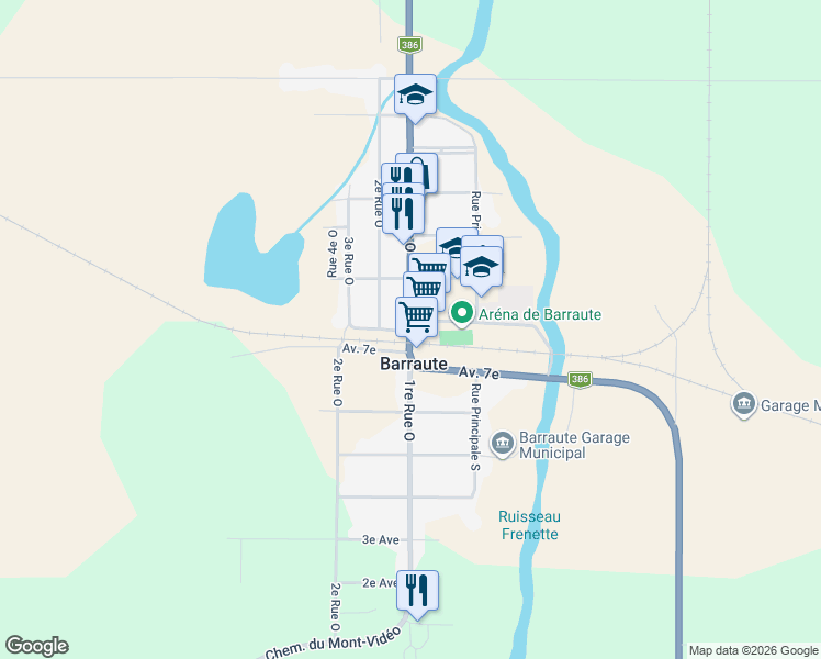 map of restaurants, bars, coffee shops, grocery stores, and more near 525 1re Rue Ouest in Barraute