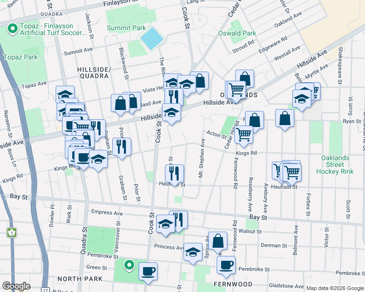 map of restaurants, bars, coffee shops, grocery stores, and more near in Victoria