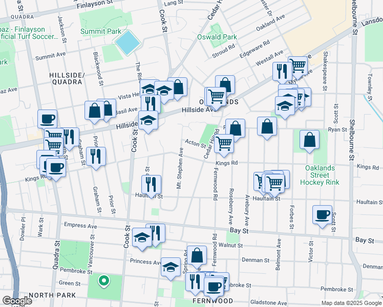 map of restaurants, bars, coffee shops, grocery stores, and more near 1278 Kings Road in Victoria
