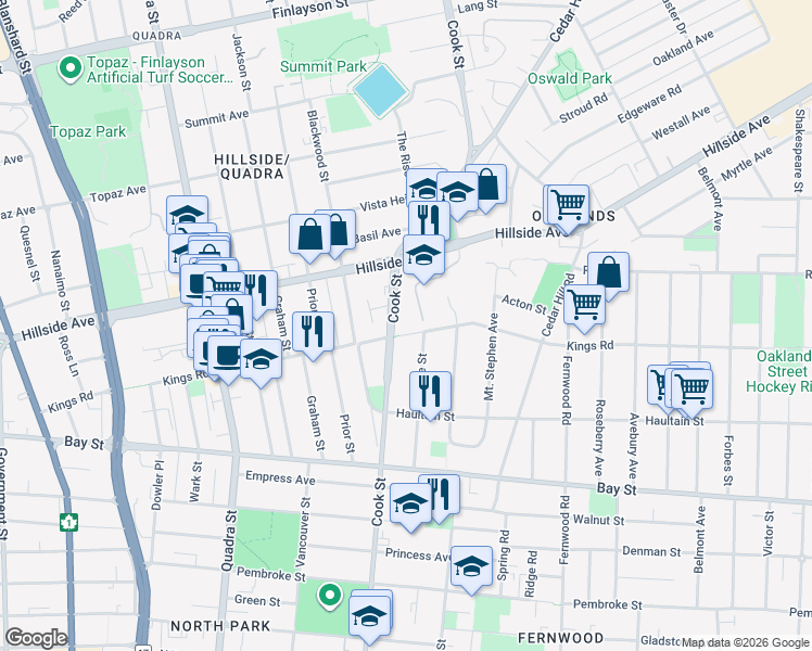 map of restaurants, bars, coffee shops, grocery stores, and more near 1190 Kings Road in Victoria