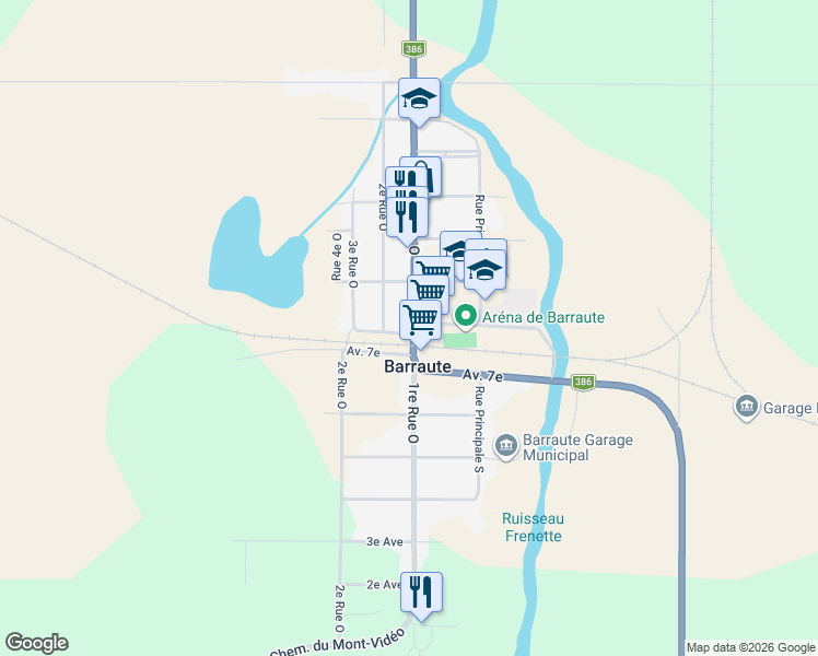 map of restaurants, bars, coffee shops, grocery stores, and more near 525 1re Rue Ouest in Barraute