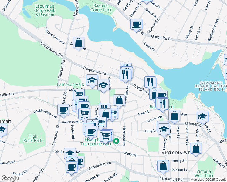 map of restaurants, bars, coffee shops, grocery stores, and more near 835 Colville Road in Victoria