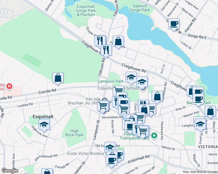 map of restaurants, bars, coffee shops, grocery stores, and more near 811 Lampson Street in Victoria