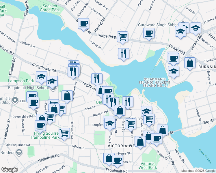 map of restaurants, bars, coffee shops, grocery stores, and more near 1239 Styles Street in Victoria