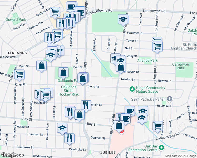 map of restaurants, bars, coffee shops, grocery stores, and more near 1741 Newton Street in Victoria