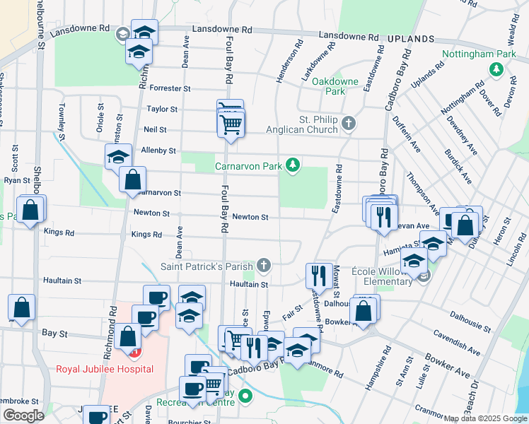 map of restaurants, bars, coffee shops, grocery stores, and more near 2072 Newton Street in Victoria
