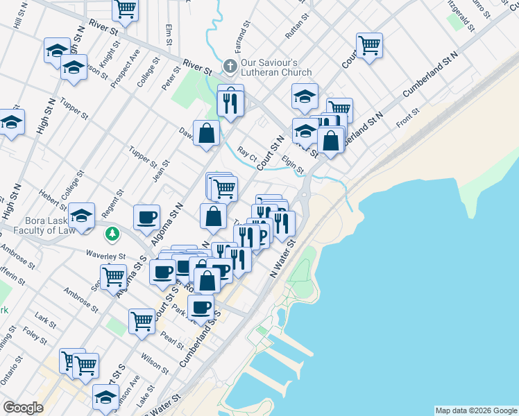 map of restaurants, bars, coffee shops, grocery stores, and more near 1 Nugent Street in Thunder Bay