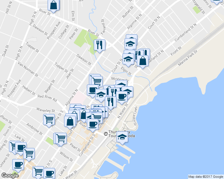 map of restaurants, bars, coffee shops, grocery stores, and more near in Thunder Bay
