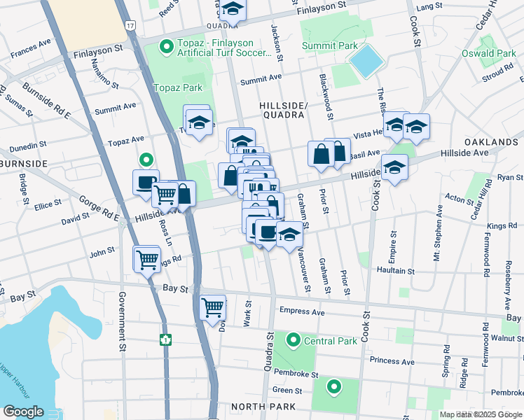 map of restaurants, bars, coffee shops, grocery stores, and more near Quadra Street in Victoria