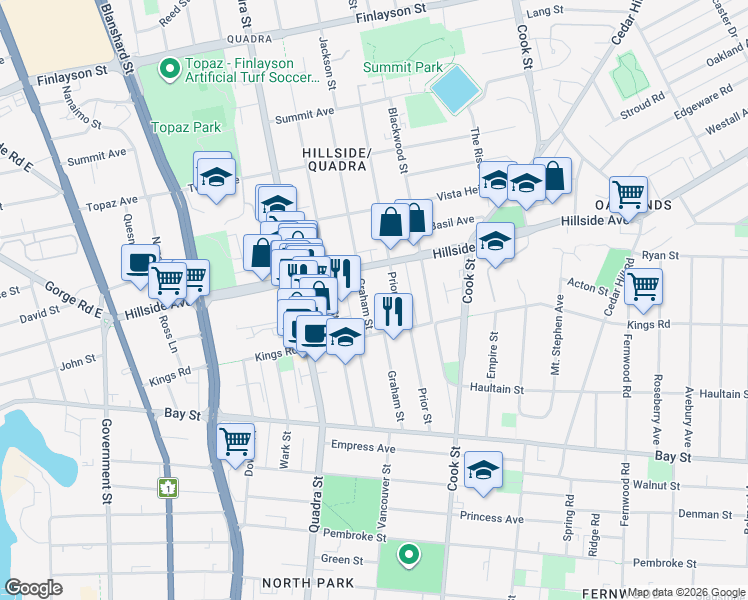 map of restaurants, bars, coffee shops, grocery stores, and more near 2647 Graham Street in Victoria