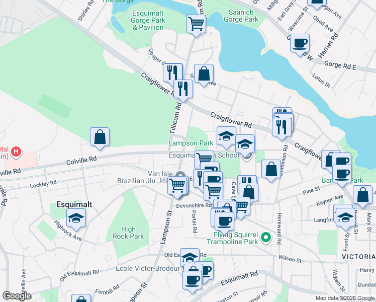 map of restaurants, bars, coffee shops, grocery stores, and more near 860 Lampson Street in Victoria