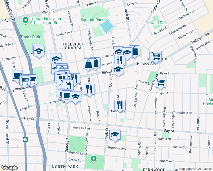 map of restaurants, bars, coffee shops, grocery stores, and more near 2646 Cook Street in Victoria