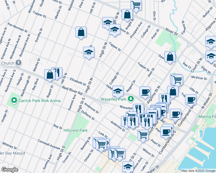 map of restaurants, bars, coffee shops, grocery stores, and more near Hebert Street in Thunder Bay