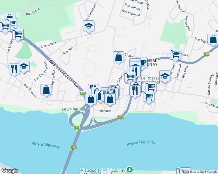 map of restaurants, bars, coffee shops, grocery stores, and more near 85 Rue Saint François in Saguenay