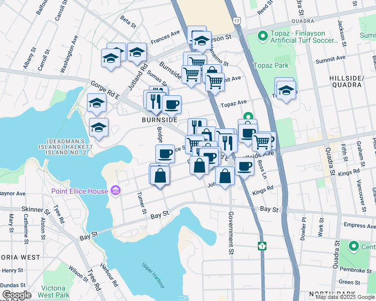 map of restaurants, bars, coffee shops, grocery stores, and more near 2828 Rock Bay Avenue in Victoria