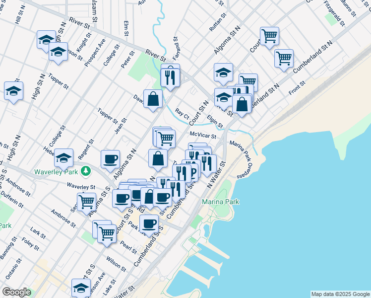 map of restaurants, bars, coffee shops, grocery stores, and more near 238 Villa Street in Thunder Bay