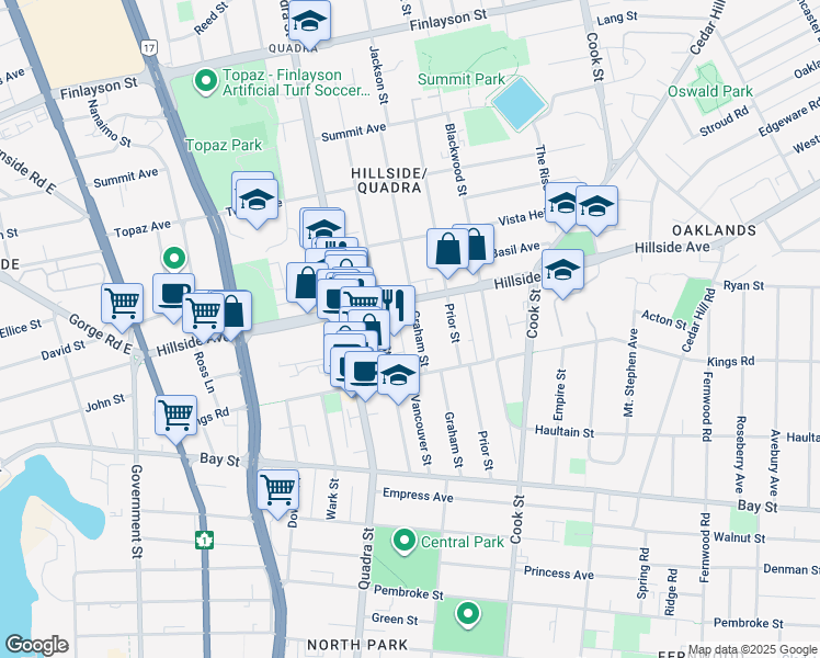 map of restaurants, bars, coffee shops, grocery stores, and more near 1055 Hillside Avenue in Victoria