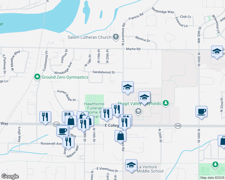 map of restaurants, bars, coffee shops, grocery stores, and more near 2107 North Laventure Road in Mount Vernon