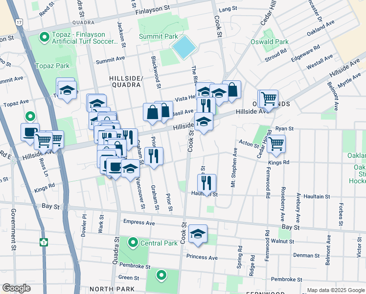 map of restaurants, bars, coffee shops, grocery stores, and more near 2626 Cook Street in Victoria