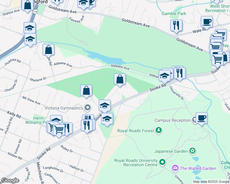 map of restaurants, bars, coffee shops, grocery stores, and more near 2866 Acacia Drive in Victoria