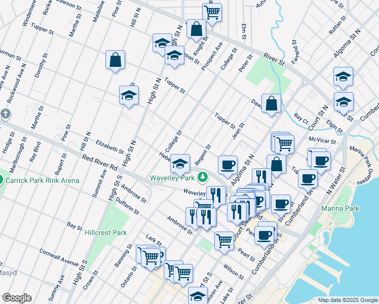 map of restaurants, bars, coffee shops, grocery stores, and more near 40 Peter Street in Thunder Bay