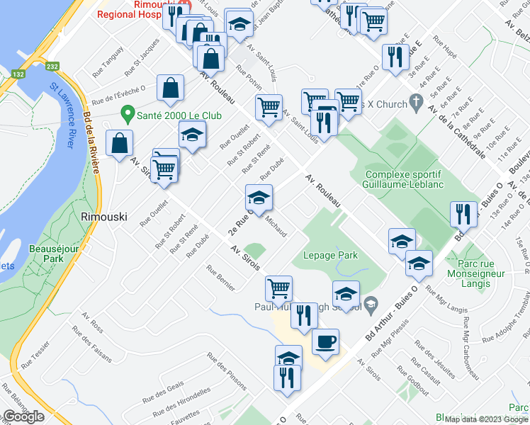 map of restaurants, bars, coffee shops, grocery stores, and more near 354 Rue Michaud in Rimouski