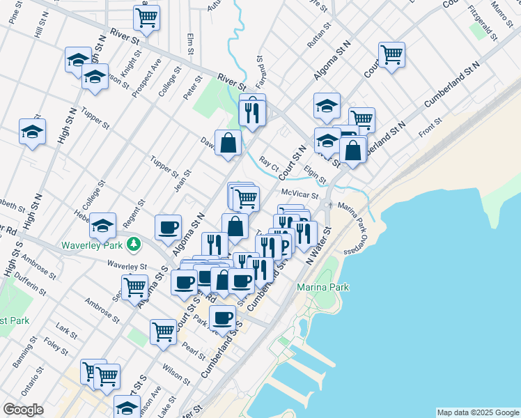 map of restaurants, bars, coffee shops, grocery stores, and more near 105 Court Street North in Thunder Bay