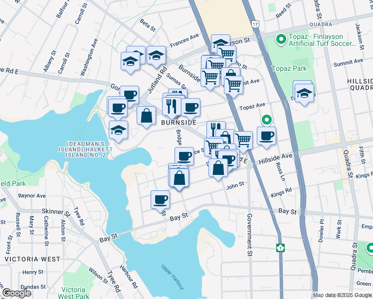 map of restaurants, bars, coffee shops, grocery stores, and more near 577 Gorge Road East in Victoria
