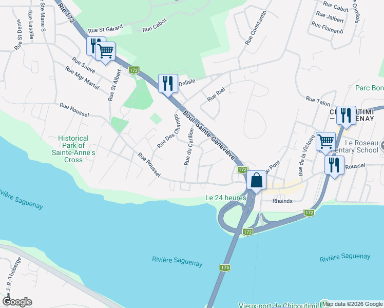 map of restaurants, bars, coffee shops, grocery stores, and more near 60 Rue du Carillon in Saguenay
