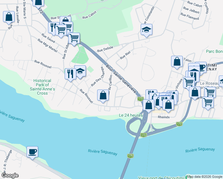 map of restaurants, bars, coffee shops, grocery stores, and more near 60 Rue du Carillon in Saguenay