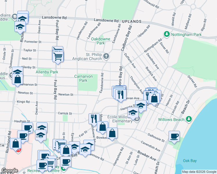 map of restaurants, bars, coffee shops, grocery stores, and more near 2657 Eastdowne Road in Victoria