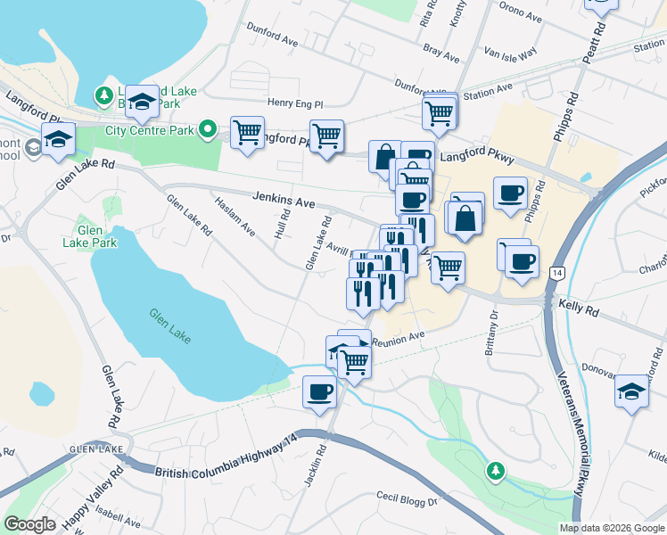 map of restaurants, bars, coffee shops, grocery stores, and more near 955 Avrill Road in Victoria
