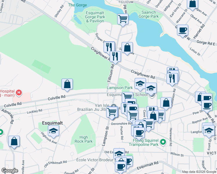 map of restaurants, bars, coffee shops, grocery stores, and more near 847 Tillicum Road in Victoria