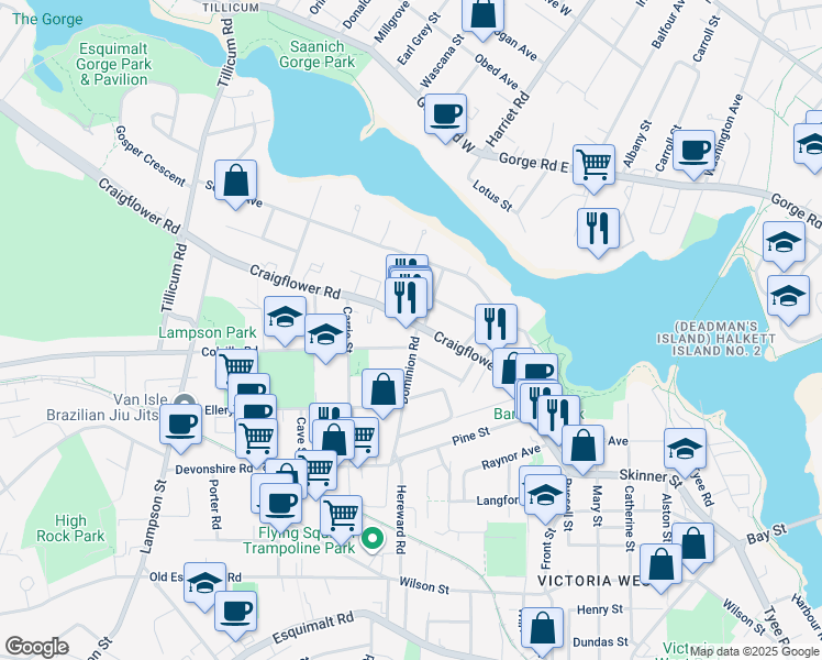 map of restaurants, bars, coffee shops, grocery stores, and more near 809 Craigflower Road in Victoria