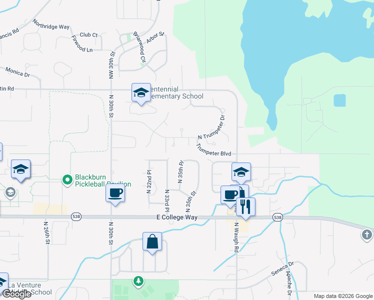 map of restaurants, bars, coffee shops, grocery stores, and more near 3402 Trumpeter Drive in Mount Vernon